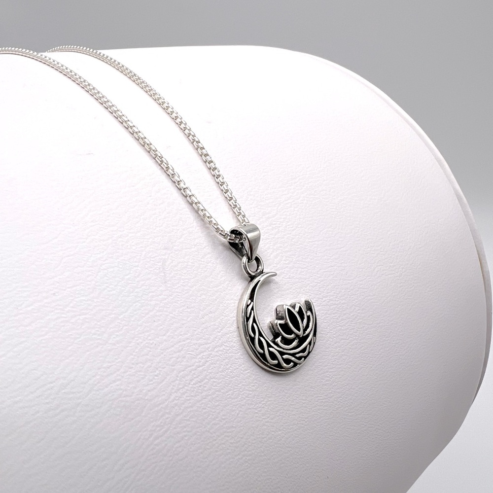 .925 Sterling Silver Moon and Lotus Flower Necklace - Picture 7 of 16